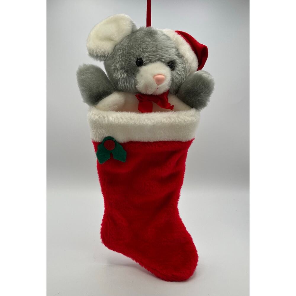 Vintage 3D Plush Grey Mouse in Santa Hat Red Bow Green Holly Christmas Stocking